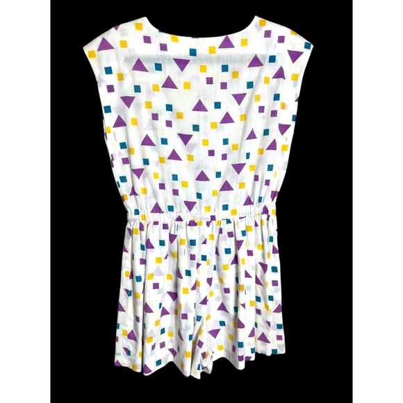 Vintage 80s Lightweight White Geometric Multicolor Cotton Handmade Romper Shorts - Picture 4 of 4